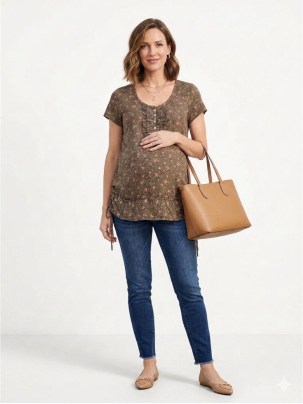 Women's Motherhood Maternity Green Floral Tunic Top M